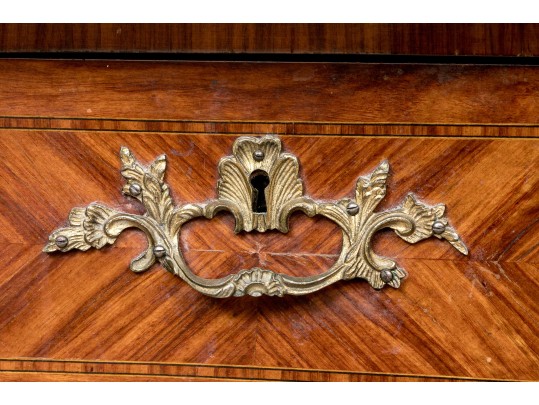 Vintage Parquetry French Style Marble Top Chest Of Drawers