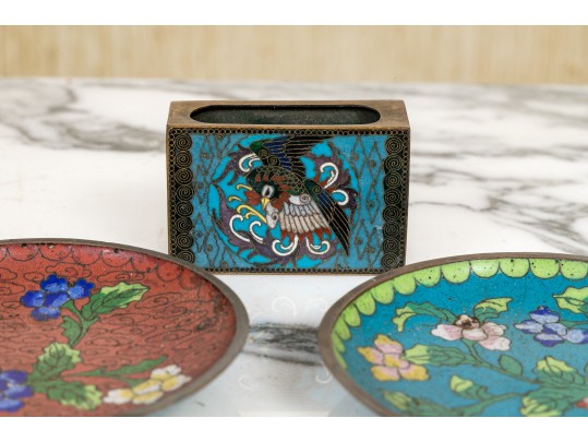 Collection Of Four Chinese Cloisonne Enameled Dishes With Matchbox Case, 20th C. 