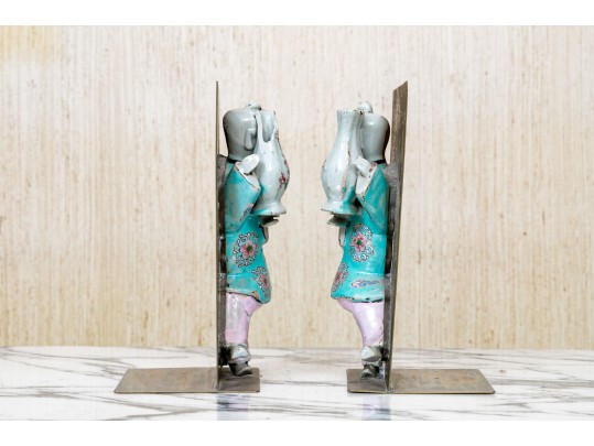 Pair Of Chinese Famille Rose Porcelain Mounted Brass Bookends