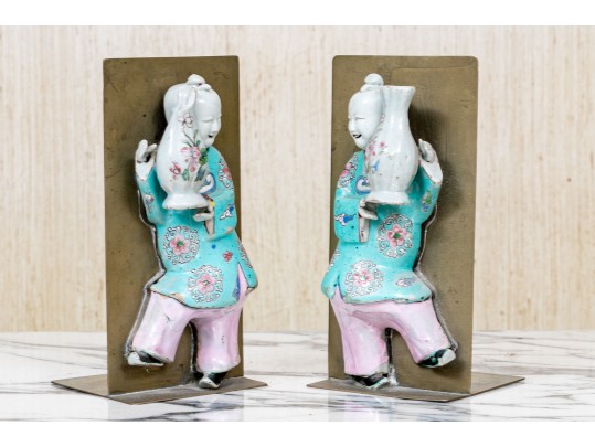 Pair Of Chinese Famille Rose Porcelain Mounted Brass Bookends