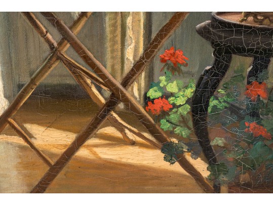 Henri Duverne (France, 20th C.) Oil On Canvas, Tea In The Sun Room 