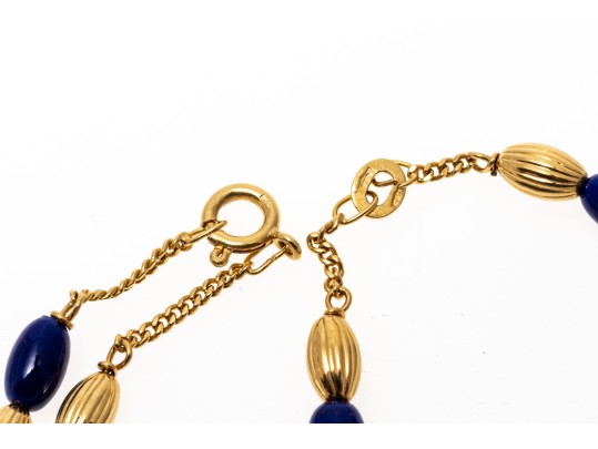 18K Yellow Gold And Deep Blue Elongated Bead Necklace