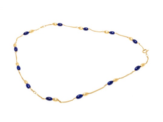18K Yellow Gold And Deep Blue Elongated Bead Necklace