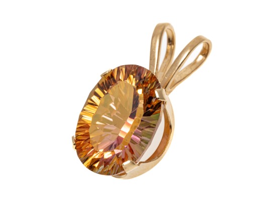 14k Yellow Gold Eye-catching Oval Fantasy Cut Sunrise Mystic Topaz Pendant