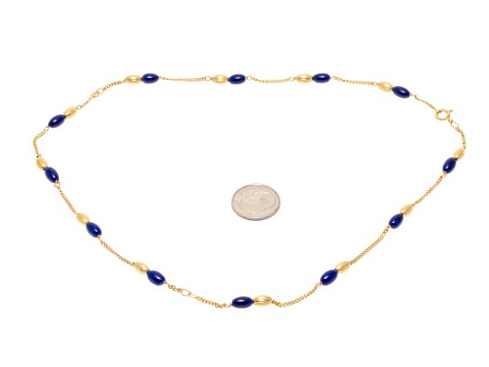 18K Yellow Gold And Deep Blue Elongated Bead Necklace