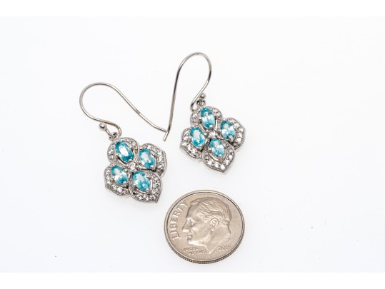 Lot Of Three Sterling Silver Fashion Pieces, Including Blue Topaz Cluster Pendant Earrings