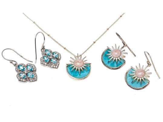 Lot Of Three Sterling Silver Fashion Pieces, Including Blue Topaz Cluster Pendant Earrings