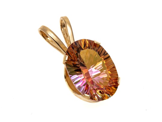 14k Yellow Gold Eye-catching Oval Fantasy Cut Sunrise Mystic Topaz Pendant