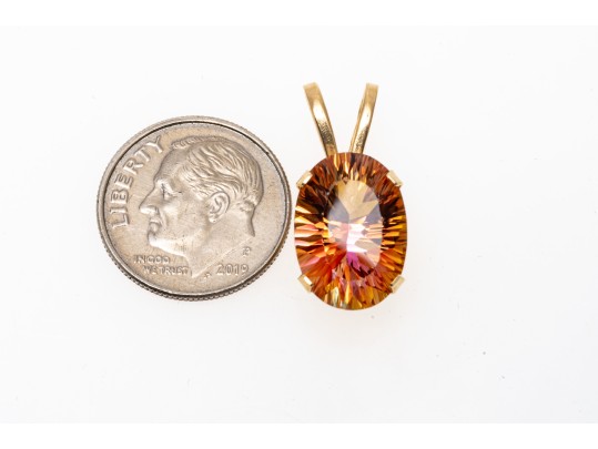 14k Yellow Gold Eye-catching Oval Fantasy Cut Sunrise Mystic Topaz Pendant