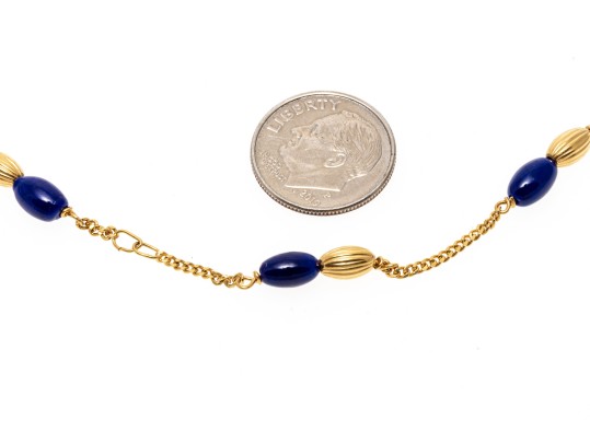 18K Yellow Gold And Deep Blue Elongated Bead Necklace