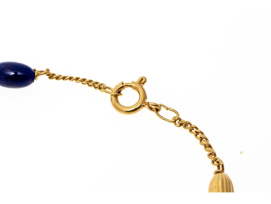 18K Yellow Gold And Deep Blue Elongated Bead Necklace