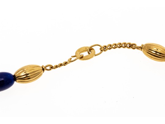 18K Yellow Gold And Deep Blue Elongated Bead Necklace