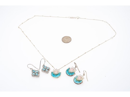 Lot Of Three Sterling Silver Fashion Pieces, Including Blue Topaz Cluster Pendant Earrings