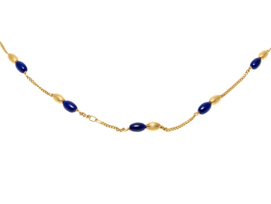 18K Yellow Gold And Deep Blue Elongated Bead Necklace