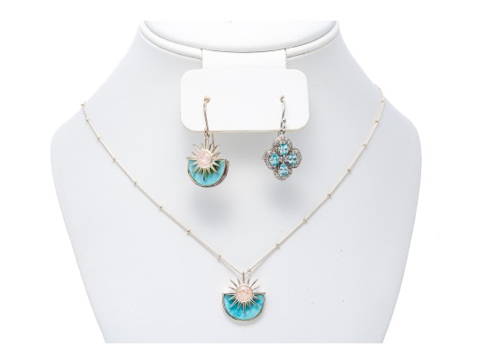 Lot Of Three Sterling Silver Fashion Pieces, Including Blue Topaz Cluster Pendant Earrings