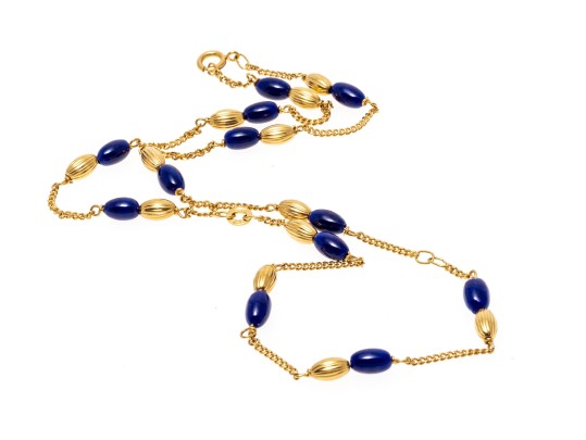18K Yellow Gold And Deep Blue Elongated Bead Necklace