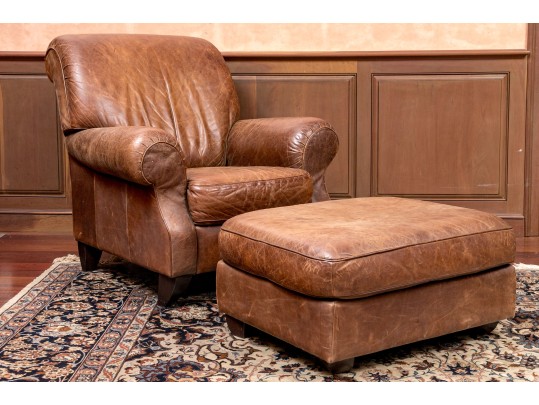 Vintage Leather Upholstered Club Chair With Ottoman 