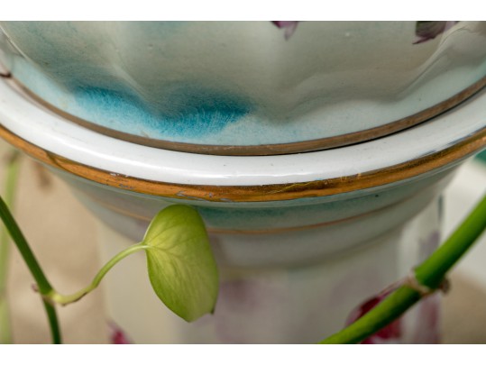 Pretty Blue And Magenta Ceramic Pedestal Jardiniere