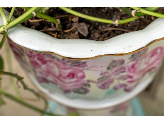 Pretty Blue And Magenta Ceramic Pedestal Jardiniere