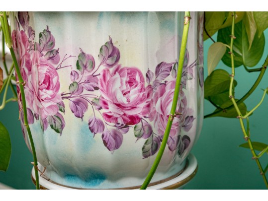 Pretty Blue And Magenta Ceramic Pedestal Jardiniere