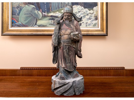 Carved Wood Chinese Lu God Of Fortune Sculpture