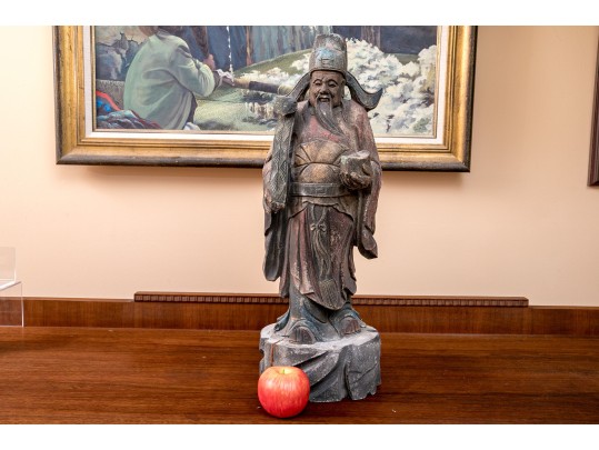 Carved Wood Chinese Lu God Of Fortune Sculpture