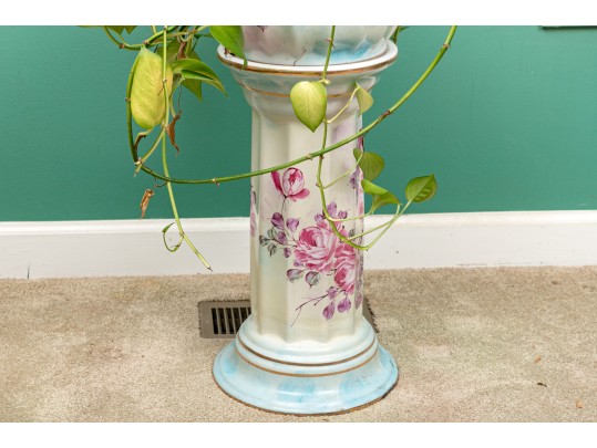 Pretty Blue And Magenta Ceramic Pedestal Jardiniere