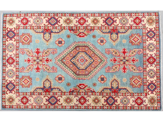 Hand Knotted Kazak Accent Rug In Blue/Cream (5'2' X 3'3') New