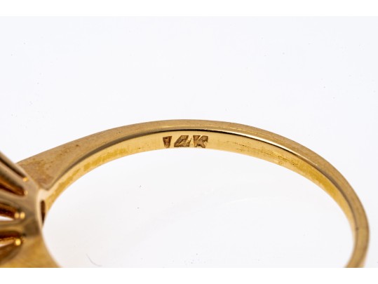 14k Yellow Gold Round Ruby Cluster And Diamond Halo Ring, Size 6.5