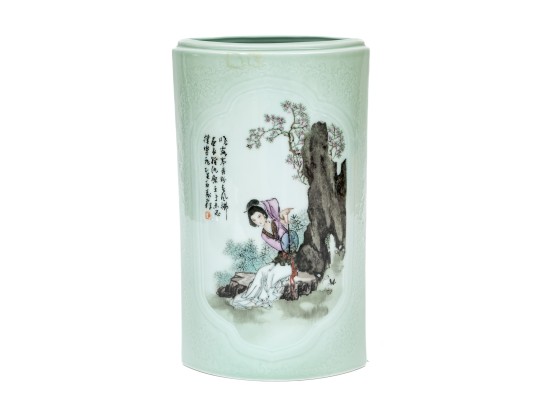 Chinese Famille Rose On Celadon Ground Porcelain Brushpot
