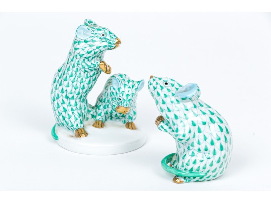  Two Herend Mice Figures In Green Fishnet Pattern 