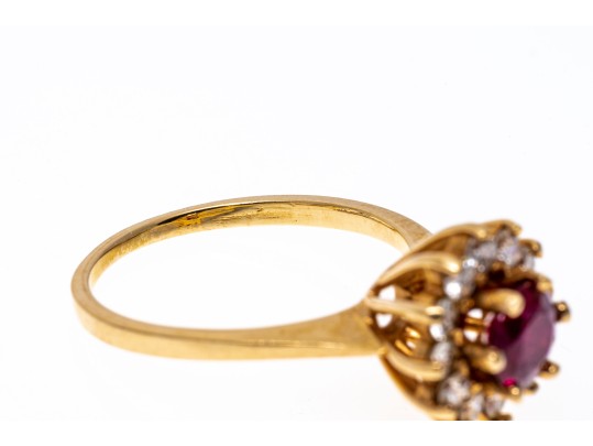14k Yellow Gold Round Ruby Cluster And Diamond Halo Ring, Size 6.5