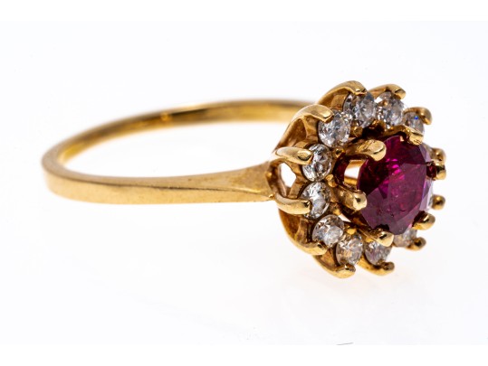 14k Yellow Gold Round Ruby Cluster And Diamond Halo Ring, Size 6.5