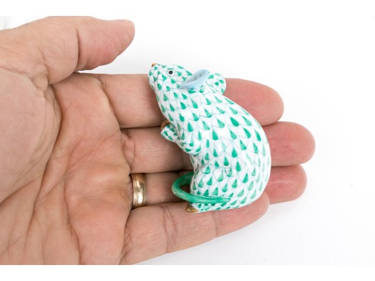  Two Herend Mice Figures In Green Fishnet Pattern 