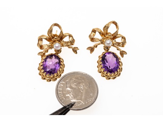 Charming Bow 14K Amethyst And Pearl Earrings