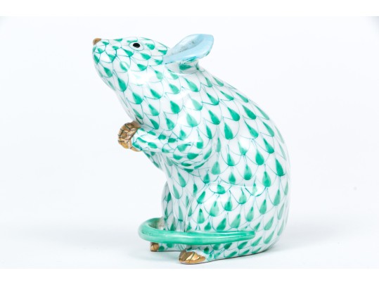  Two Herend Mice Figures In Green Fishnet Pattern 