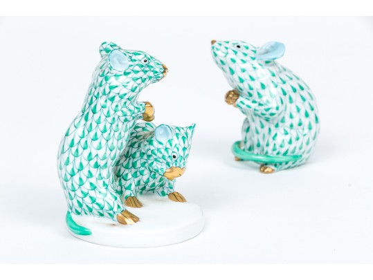  Two Herend Mice Figures In Green Fishnet Pattern 