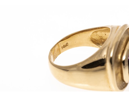 14k Yellow Gold Wide Horizontal Sugarloaf Amethyst Contemporary Ring, Size 6.75