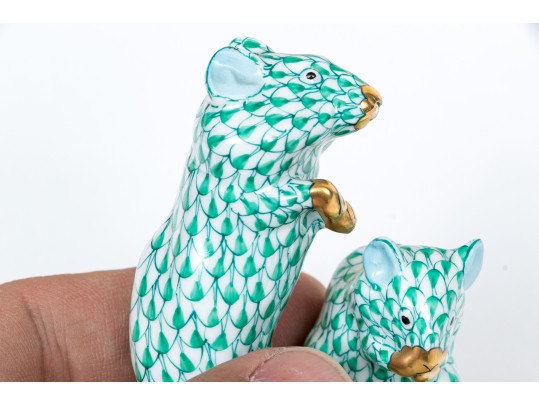  Two Herend Mice Figures In Green Fishnet Pattern 