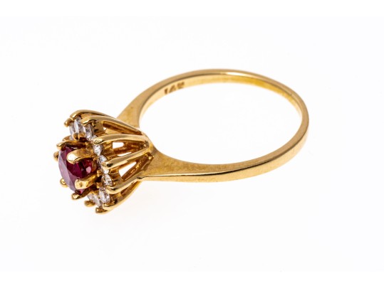 14k Yellow Gold Round Ruby Cluster And Diamond Halo Ring, Size 6.5