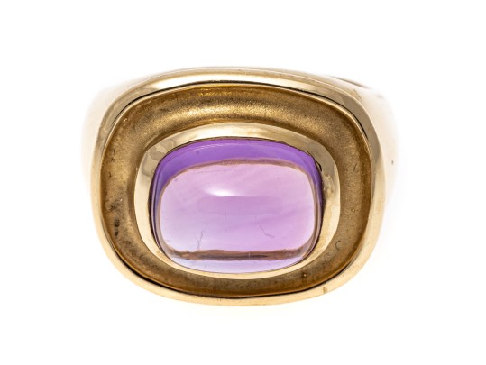 14k Yellow Gold Wide Horizontal Sugarloaf Amethyst Contemporary Ring, Size 6.75