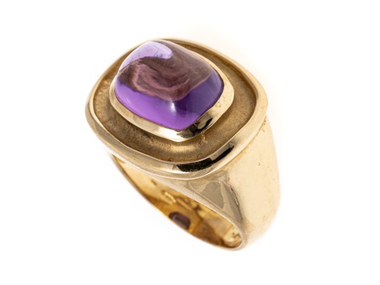14k Yellow Gold Wide Horizontal Sugarloaf Amethyst Contemporary Ring, Size 6.75