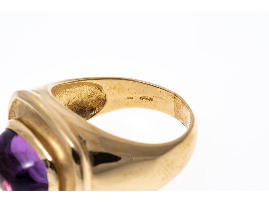 14k Yellow Gold Wide Horizontal Sugarloaf Amethyst Contemporary Ring, Size 6.75