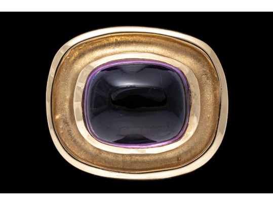 14k Yellow Gold Wide Horizontal Sugarloaf Amethyst Contemporary Ring, Size 6.75