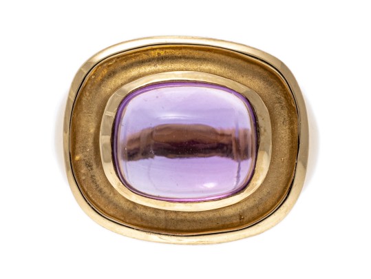 14k Yellow Gold Wide Horizontal Sugarloaf Amethyst Contemporary Ring, Size 6.75