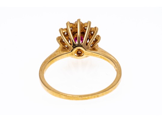 14k Yellow Gold Round Ruby Cluster And Diamond Halo Ring, Size 6.5