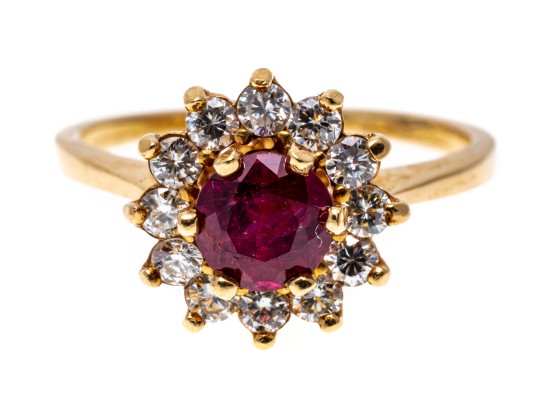 14k Yellow Gold Round Ruby Cluster And Diamond Halo Ring, Size 6.5