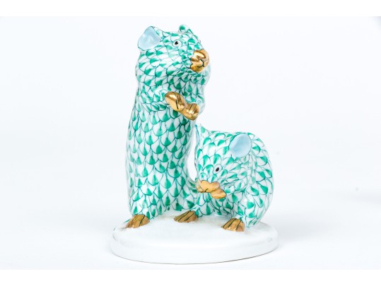  Two Herend Mice Figures In Green Fishnet Pattern 