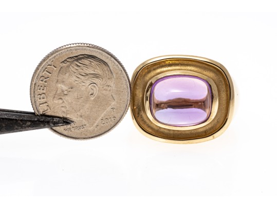 14k Yellow Gold Wide Horizontal Sugarloaf Amethyst Contemporary Ring, Size 6.75