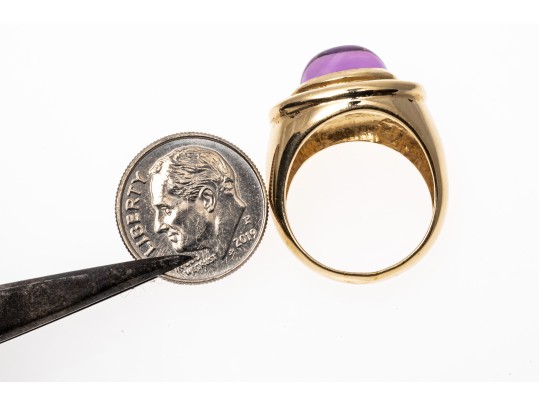 14k Yellow Gold Wide Horizontal Sugarloaf Amethyst Contemporary Ring, Size 6.75
